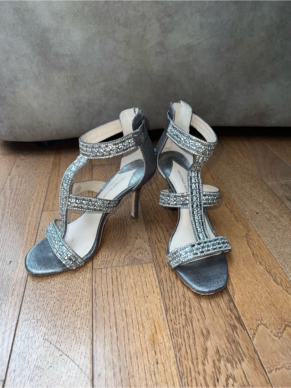ANTONIO MELANI Silver Crystal-Strap High-Heel Sandals Zipper back size 6